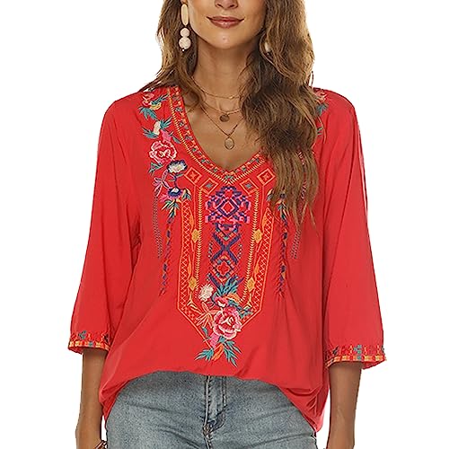 Women's Mexican Embroidered Tops Bohemian Style Peasant 3/4 Sleeve Fiesta Shirts Boho Tunic Blouses Hippie Clothes