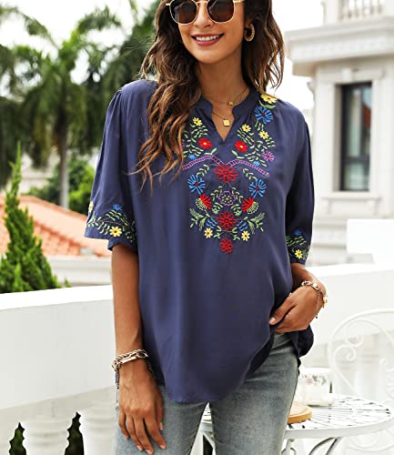 Women's Mexican Embroidered Tops Boho Floral Peasant Shirt Bohemian Traditional Clothes Fiesta Tunic Blouse