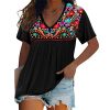 Womens Short Sleeve Mexican Shirts Pleated Front Floral Embroidered Tee Shirt Loose Peasant Tunic Tops