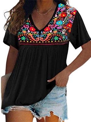 Womens Short Sleeve Mexican Shirts Pleated Front Floral Embroidered Tee Shirt Loose Peasant Tunic Tops