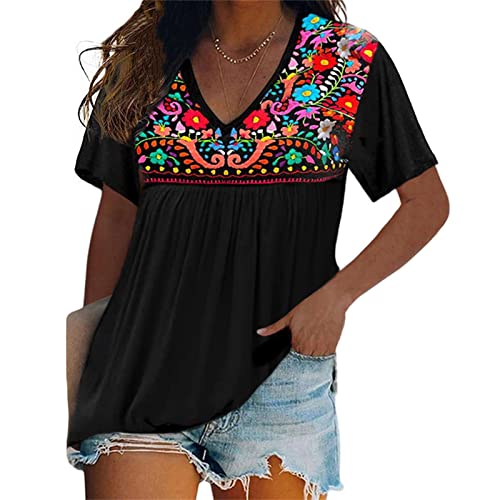 Womens Short Sleeve Mexican Shirts Pleated Front Floral Embroidered Tee Shirt Loose Peasant Tunic Tops