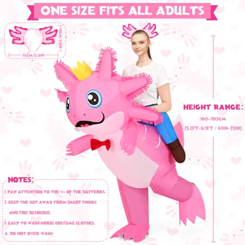 Inflatable Axolotl Costume for Kids Adult, Funny Halloween Ride on Axolotl Blow Up Costumes with Headband for Women