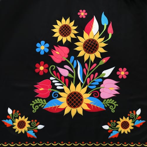 Women's Mexican Floral Dress Traditional Off Shoulder Flower Print Smocked Cinco De Mayo Midi Dress