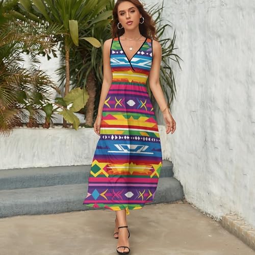 Ethnic Mexican Colorful Stripes Womens Casual Sleeveless Dress Maxi Long Beach Dress Sundress