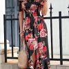 Women Short Sleeve Off Shoulder Floral High Low Flowy Summer Party Long Maxi Dress
