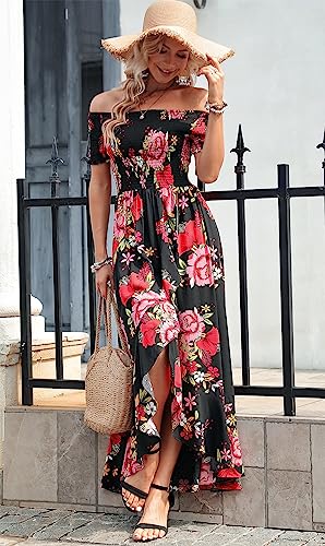 Women Short Sleeve Off Shoulder Floral High Low Flowy Summer Party Long Maxi Dress