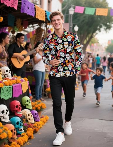 Men's Halloween Novelty Button Down Long Sleeve Shirt, S-4XL