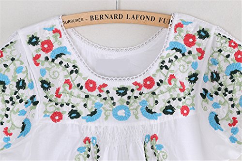 Women's Peasant Tops Mexican Blouse Flowers Embroidered Boho T Shirt