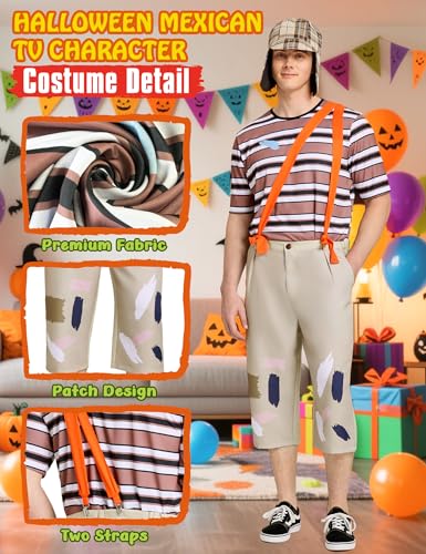 Mexican TV Cosplay Costume for Adult Men, Patchwork Overalls Suit Set with Striped T-shirt Hat for Halloween Party Outfit