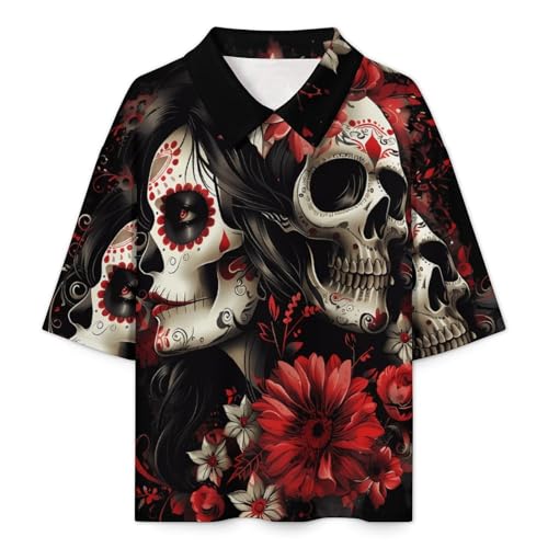 Mexican Day of The Dead Women Goth Workout T-Shirts for Men Collar Neck Summer T-Shirt Mid Sleeve Casual Tee Tops