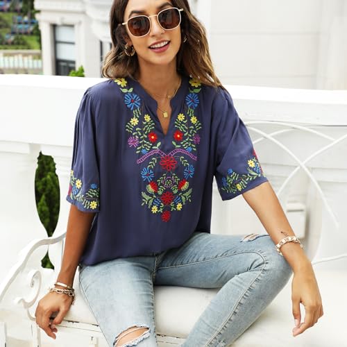 Women's Mexican Embroidered Tops Boho Floral Peasant Shirt Bohemian Traditional Clothes Fiesta Tunic Blouse