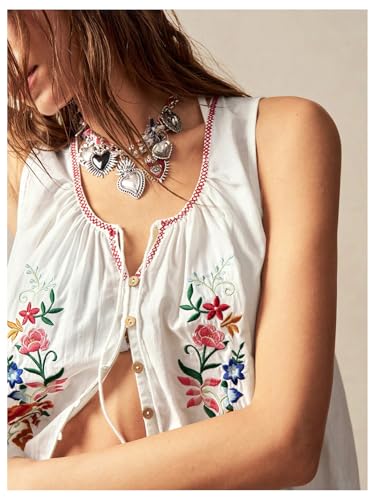 Women's Floral Embroidered Tops Y2K Sleeveless Scoop Neck Button Down Tank Top