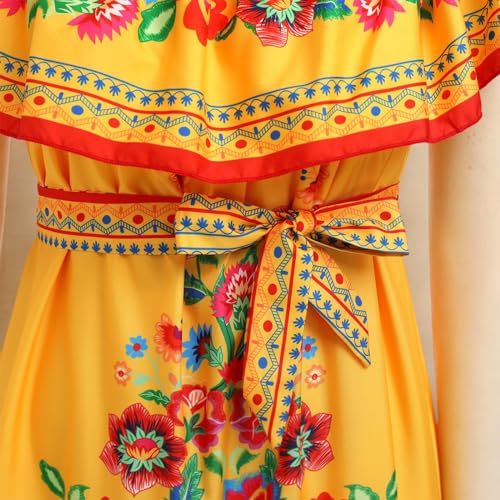 Women Mexican Dress Summer Floral Print Traditional Ethnic Wear Off Shoulder Beach Holiday Party Long Maxi Gowns