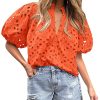 Women's Summer Tops 2025 Dressy Casual Short Sleeve V Neck Buttons Hollow Out Lace Embroidered Blouses Shirts