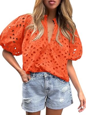 Women's Summer Tops 2025 Dressy Casual Short Sleeve V Neck Buttons Hollow Out Lace Embroidered Blouses Shirts