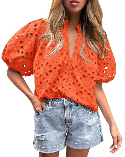 Women's Summer Tops 2025 Dressy Casual Short Sleeve V Neck Buttons Hollow Out Lace Embroidered Blouses Shirts