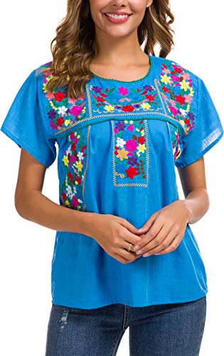 Women's Embroidered Mexican Peasant Blouse Mexico Summer Shirt Short Sleeve