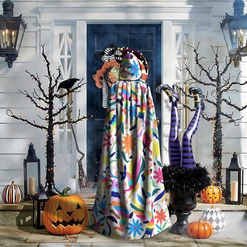 Mexican Otomi Animals Print Unisex Full Length Hooded Robe Cloak Long Cape Cosplay Costume Halloween Christmas Cloak
