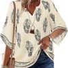 Womens 3/4 Sleeve V Neck Bohemian Peasant Blouses Casual Loose Fit Tunic Tops