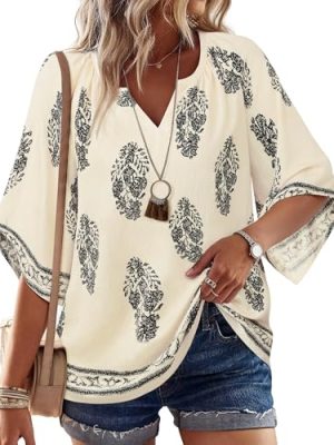Womens 3/4 Sleeve V Neck Bohemian Peasant Blouses Casual Loose Fit Tunic Tops