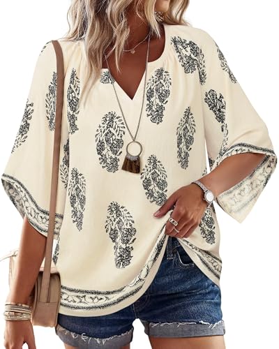 Womens 3/4 Sleeve V Neck Bohemian Peasant Blouses Casual Loose Fit Tunic Tops