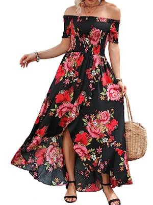 Women Short Sleeve Off Shoulder Floral High Low Flowy Summer Party Long Maxi Dress