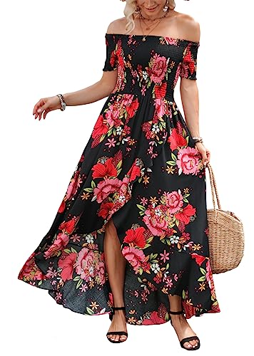 Women Short Sleeve Off Shoulder Floral High Low Flowy Summer Party Long Maxi Dress