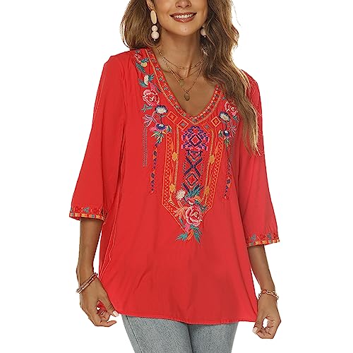 Women's Mexican Embroidered Tops Bohemian Style Peasant 3/4 Sleeve Fiesta Shirts Boho Tunic Blouses Hippie Clothes