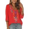 Women's Mexican Embroidered Tops Bohemian Style Peasant 3/4 Sleeve Fiesta Shirts Boho Tunic Blouses Hippie Clothes