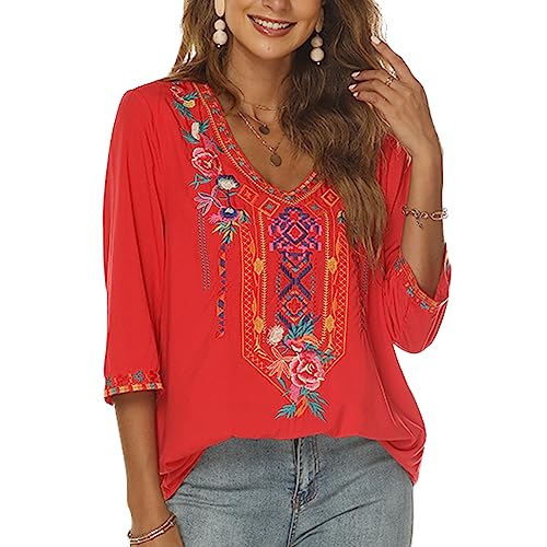 Women's Mexican Embroidered Tops Bohemian Style Peasant 3/4 Sleeve Fiesta Shirts Boho Tunic Blouses Hippie Clothes