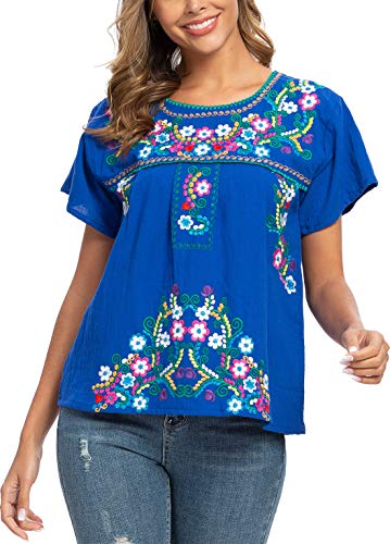 Women's Embroidered Mexican Peasant Blouse Mexico Summer Shirt Short Sleeve