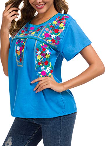Women's Embroidered Mexican Peasant Blouse Mexico Summer Shirt Short Sleeve