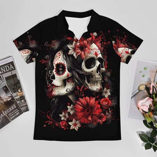 Mexican Day of The Dead Women Goth Novelty Golf Shirt Polo Shirts Short Sleeve for Men Casual Tops with Pocket