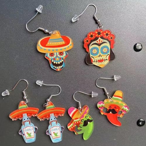 9 Pairs Cinco De Mayo Earrings for Women Mexican Fiesta Earrings Set Funny Pepper Racket Rainbow Horse Hat Cactus Guitar Chili