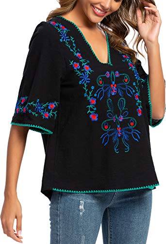 Women's Summer Peasant Blouses Boho Embroidery Mexican Bohemian Tops Shirt Tunic Blouses