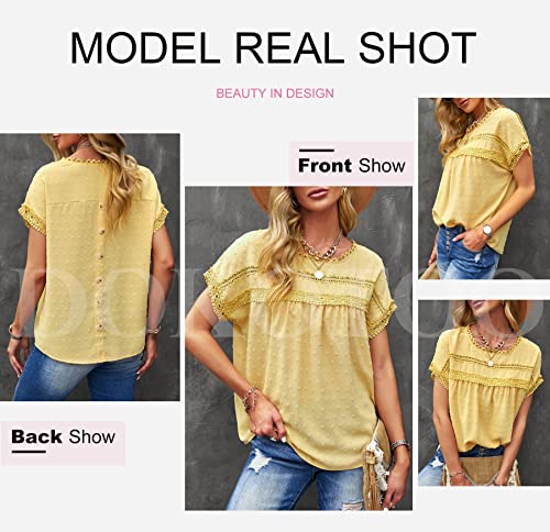 Womens Summer Tops Crewneck Lace Crochet Short Sleeve Shirts Casual Chiffon Blouses