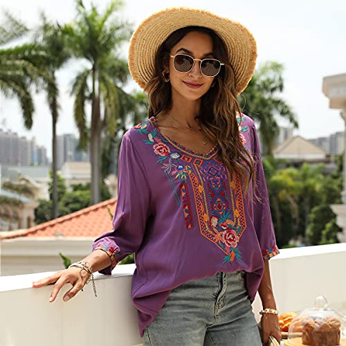 Women's Summer Boho Embroiderered Mexican Tops Bohemian V Neck 3/4 Sleeve Blouse for Women Causal Loose Hippie Shirt Tunic