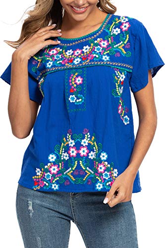 Women's Embroidered Mexican Peasant Blouse Mexico Summer Shirt Short Sleeve