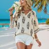 Womens 3/4 Sleeve V Neck Bohemian Peasant Blouses Casual Loose Fit Tunic Tops