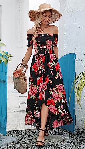 Women Short Sleeve Off Shoulder Floral High Low Flowy Summer Party Long Maxi Dress
