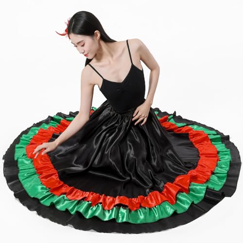 Adult Ruffles Black Red Green Maxi Long Dance Skirt Folklorico Skirt for Mexican Flamenco Halloween Costume