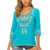 Women's Boho Embroidered Peasant Tops 3/4 Sleeve V Neck Mexican Bohemian Shirts Tunics Blouses