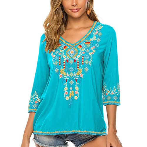 Women's Boho Embroidered Peasant Tops 3/4 Sleeve V Neck Mexican Bohemian Shirts Tunics Blouses