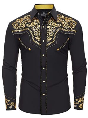 Western Embroidered Cowboy Shirts for Men, Casual Button Down Long Sleeve Shirt with Floral Design