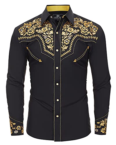 Western Embroidered Cowboy Shirts for Men, Casual Button Down Long Sleeve Shirt with Floral Design