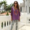 Women's Summer Boho Embroiderered Mexican Tops Bohemian V Neck 3/4 Sleeve Blouse for Women Causal Loose Hippie Shirt Tunic