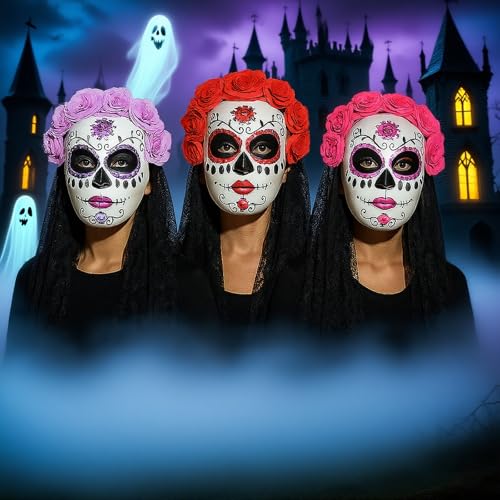 Mexican Day of the Dead Mask for Women Dia de los Muertos Headpiece Full Skeleton Skull Flower Mask, Festival Cosplay