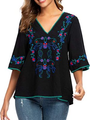 Women's Summer Peasant Blouses Boho Embroidery Mexican Bohemian Tops Shirt Tunic Blouses