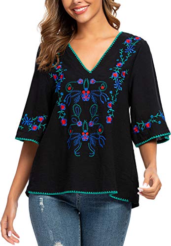Women's Summer Peasant Blouses Boho Embroidery Mexican Bohemian Tops Shirt Tunic Blouses