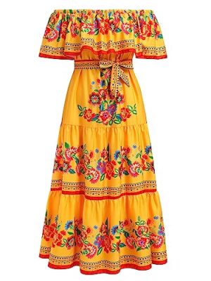 Women Mexican Dress Summer Floral Print Traditional Ethnic Wear Off Shoulder Beach Holiday Party Long Maxi Gowns